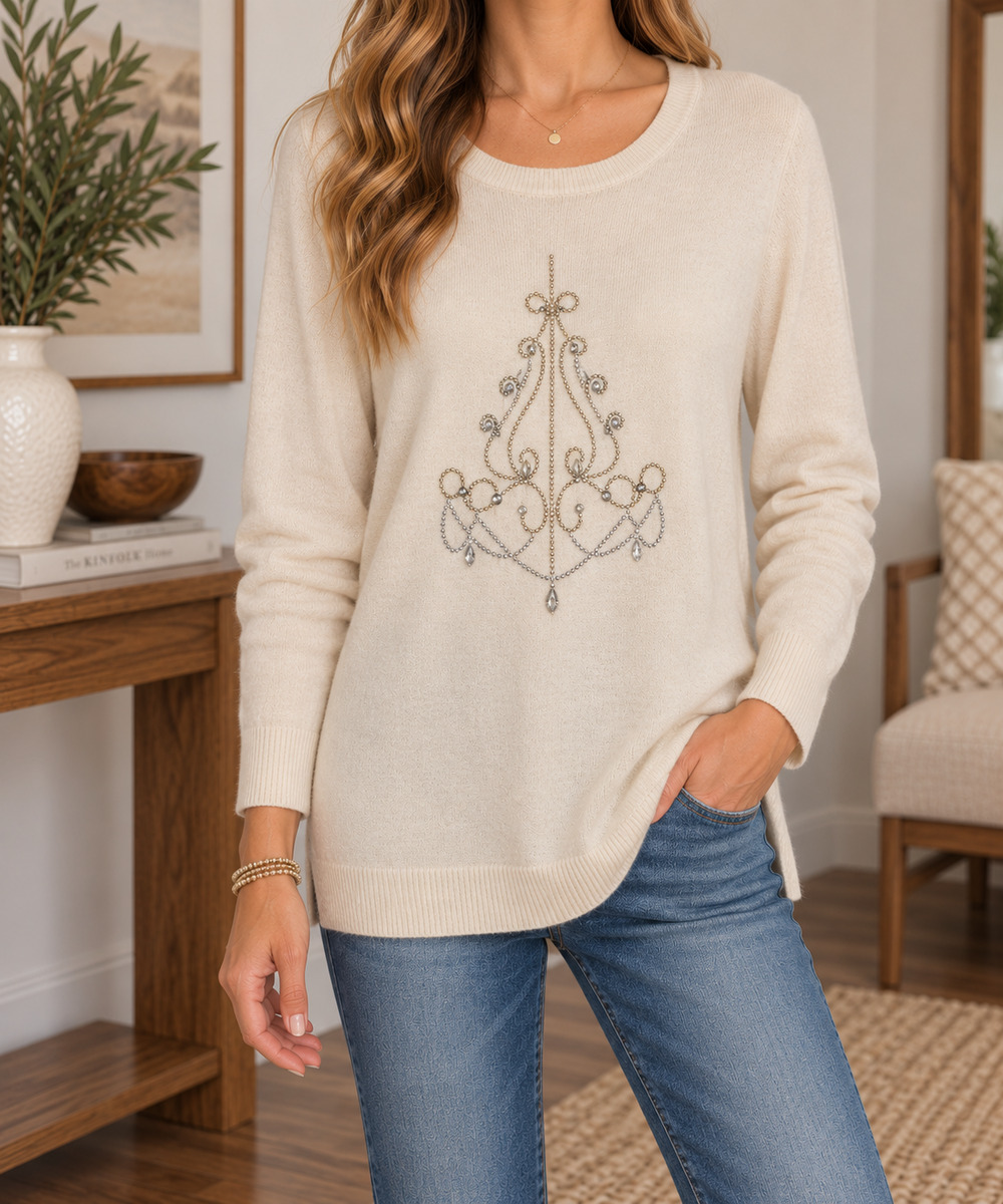 Saks Fifth Avenue Womens Rhinestone Chandelier Sweater Size S Cream Holiday